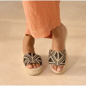 Manebi Yucatán Raffia Black Natural Double Soled Sandals 39 8.5